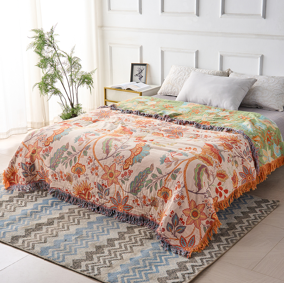 Pătură Boho cu Motive Florale și Franjuri