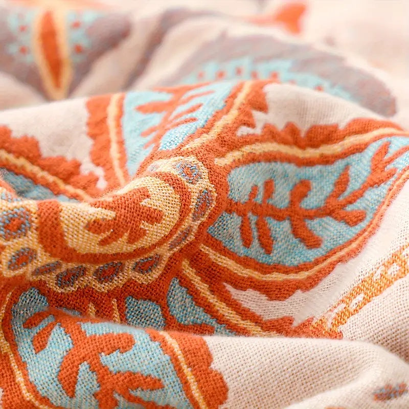 Manta Bohemia con Motivos Florales y Flecos 