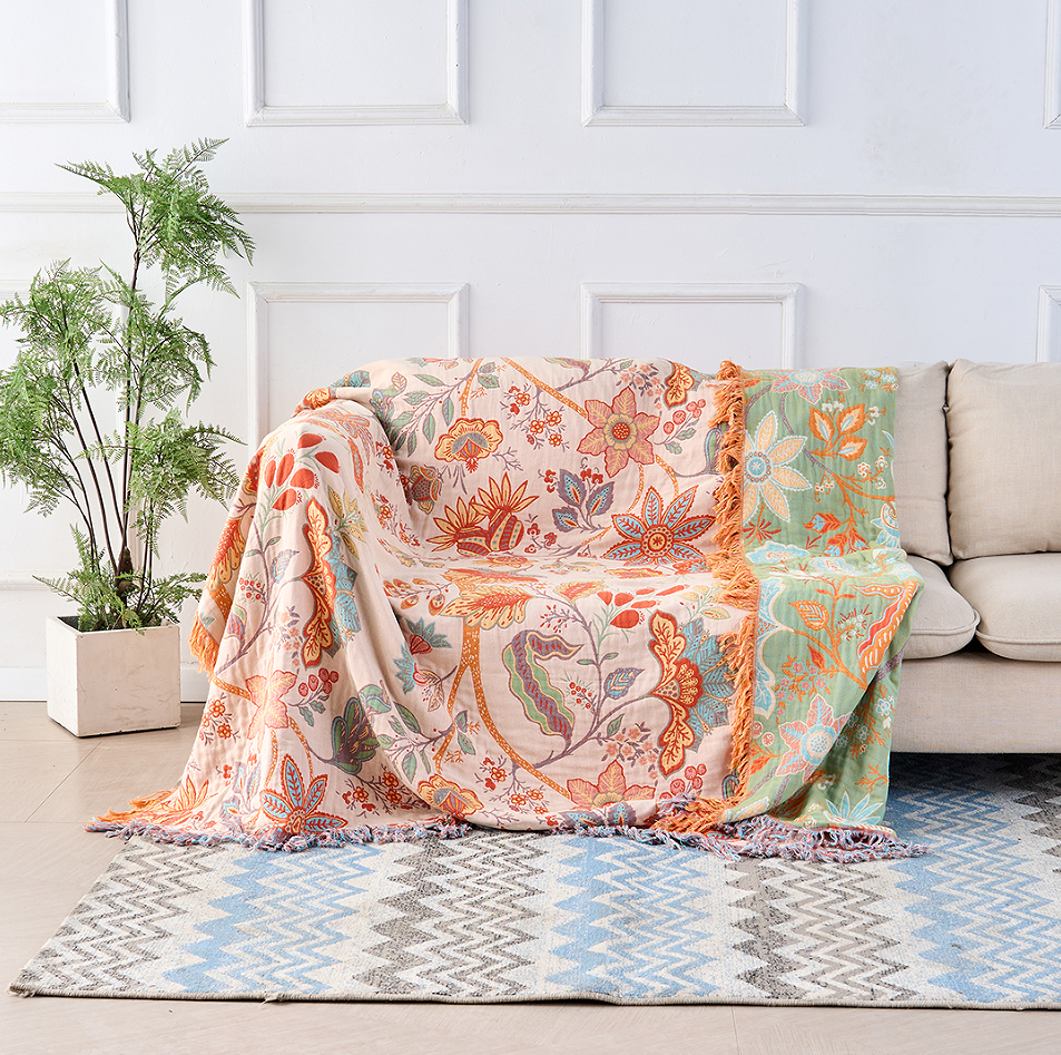 Manta Bohemia con Motivos Florales y Flecos 